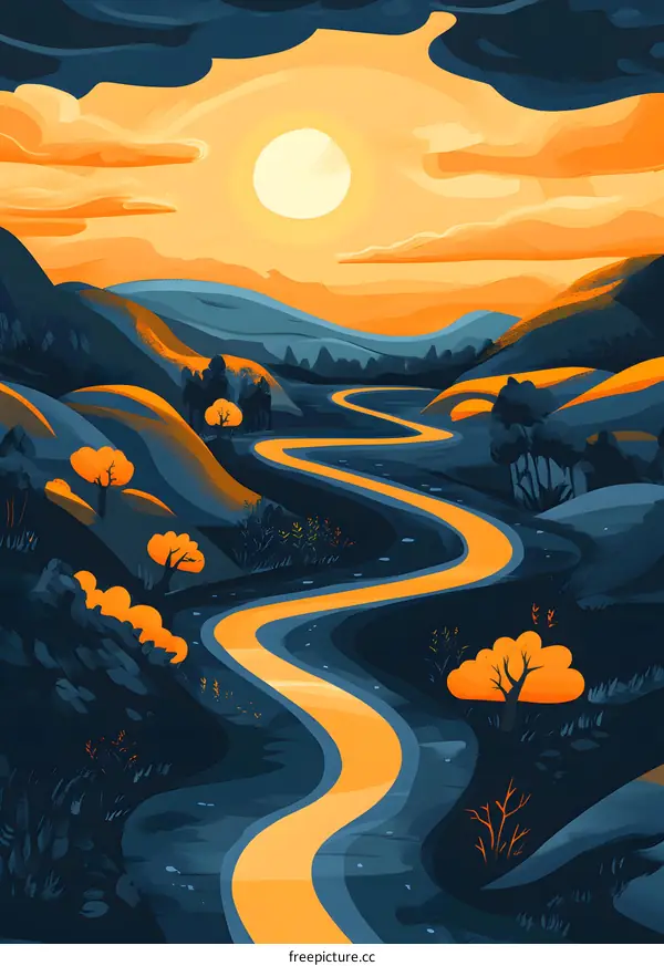 Winding Road Through a Blue and Orange Landscape