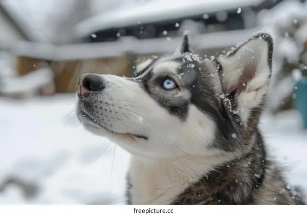 A Husky looking up at the snow falling