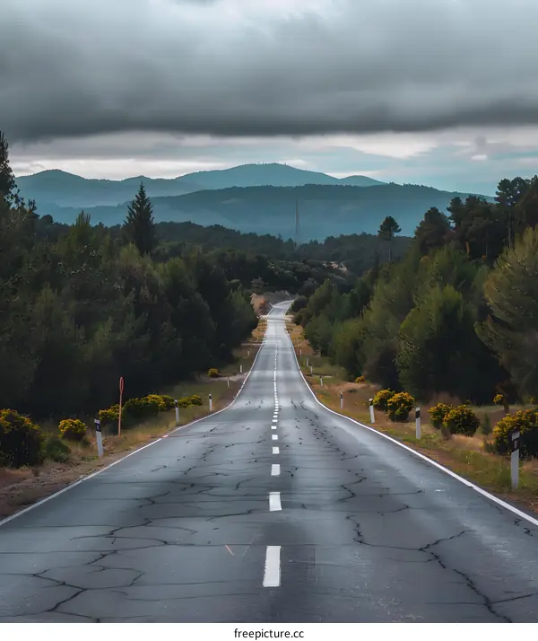Empty Road Through Green Mountains Under Cloudy Sky