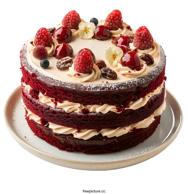 [Transparent Background PNG]Delicious red velvet cake decorated with berries and flowers
