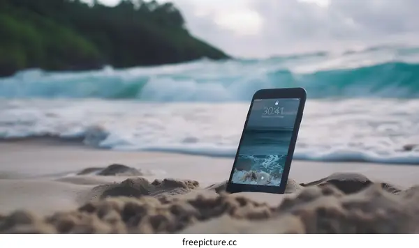 Black Smartphone on Beach with Ocean in Background