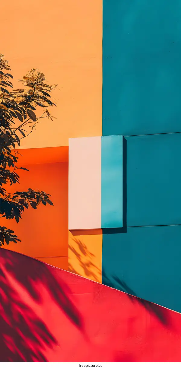 Colorful Geometric Wall with Tree Branch Shadow