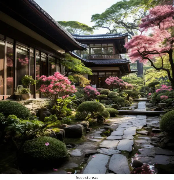 Zen Japanese Garden with Traditional House and Stone Path