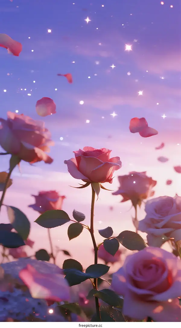 Beautiful Pink Roses Floating in Starry Purple Sky