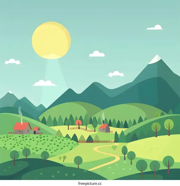 Green Hills and Mountains Landscape Illustration