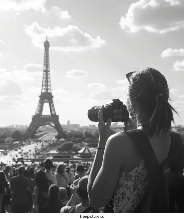Young woman taking a photo of the Eiffel Tower