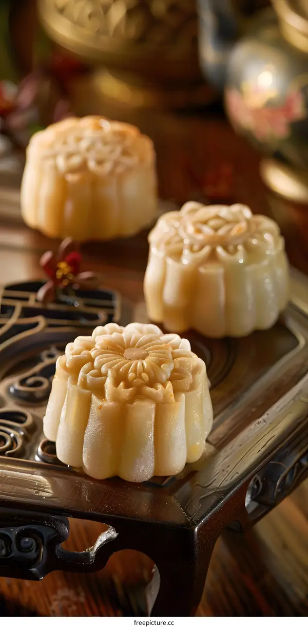 Three Chinese Mooncakes on a Wooden Stand