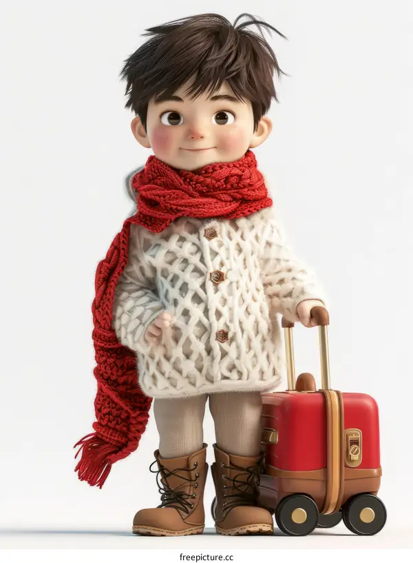 Cute little boy in warm winter clothes with suitcase