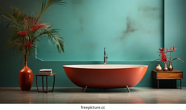 Freestanding red bathtub in front of green wall with plants and flowers
