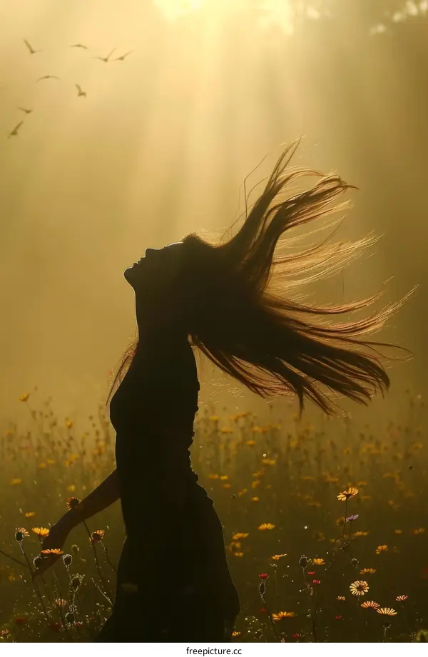 girl with long dark hair standing in a field of flowers