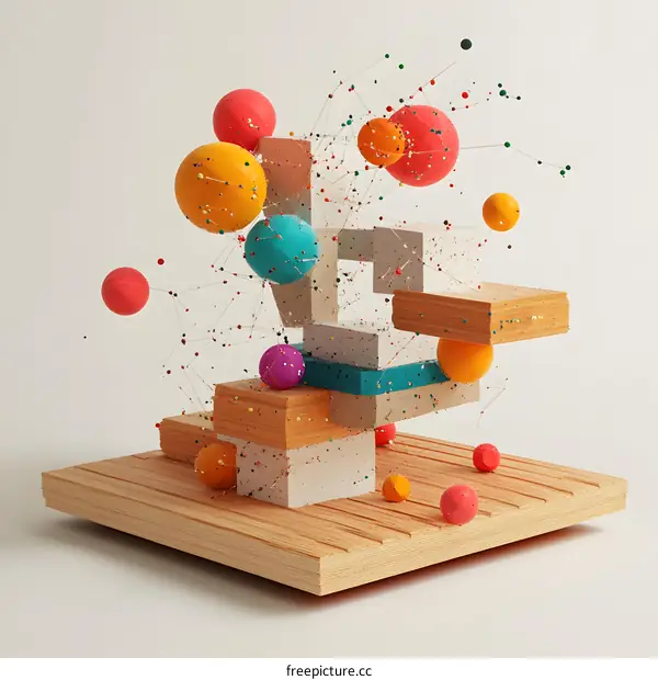 Abstract 3D Colorful Geometric Shapes On Wooden Base