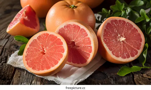Fresh Ripe Grapefruit Fruit Slices On Wooden Table