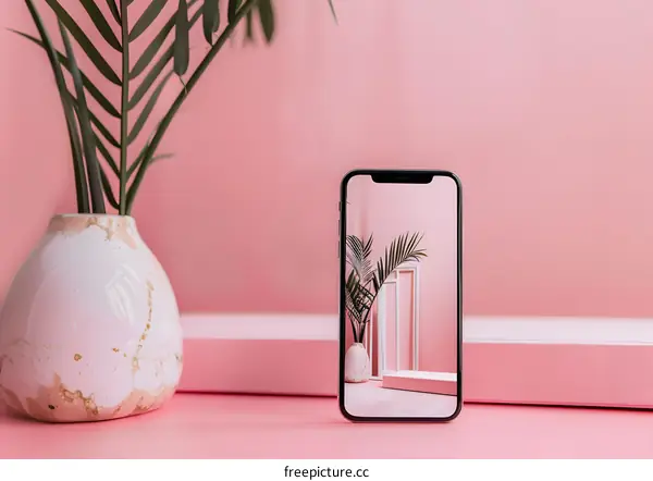 Smartphone on a Pink Background with a Plant