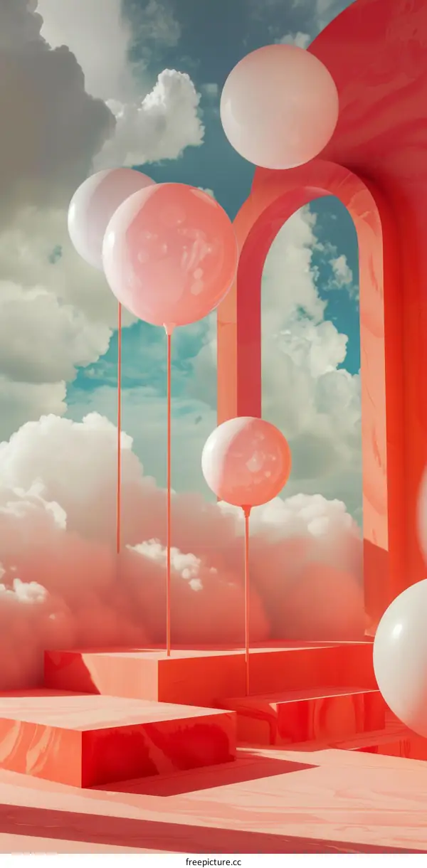 Pink and white balloons floating in a surreal dreamscape