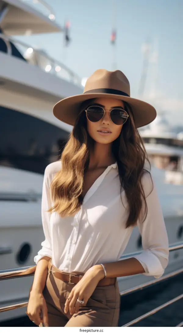 Elegant woman in a hat posing on a yacht