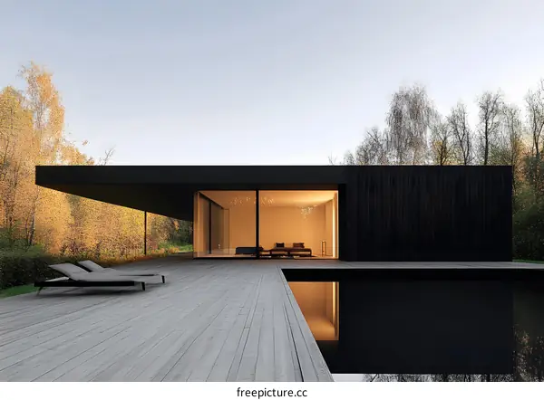 Modern Black House With Swimming Pool And Deck