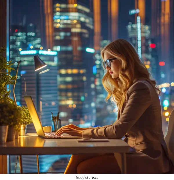 Young businesswoman working late in her office at night