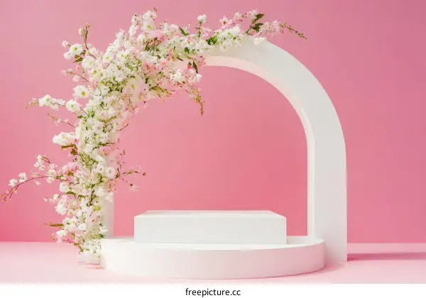 Pink Floral Arch Display with White Podium