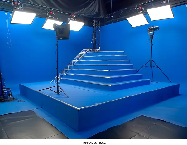 Blue Screen Studio Setup With Lighting And Camera Equipment