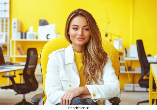 Woman in Modern Office Setting with Yellow Accents