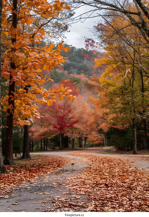 Autumn Path in Forest with Fallen Leaves