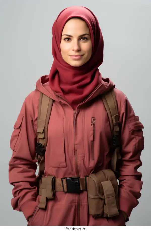 A young woman wearing a red hijab and a military-style outfit, with a backpack and a utility belt.