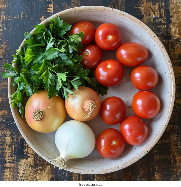 A bowl of tomatoes, onions, and parsley