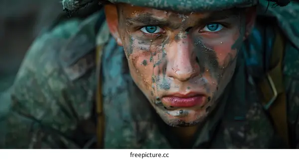 Close Up Portrait of a Soldier with Mud on his Face