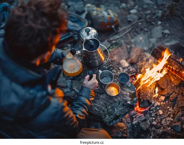 Man making coffee over a campfire