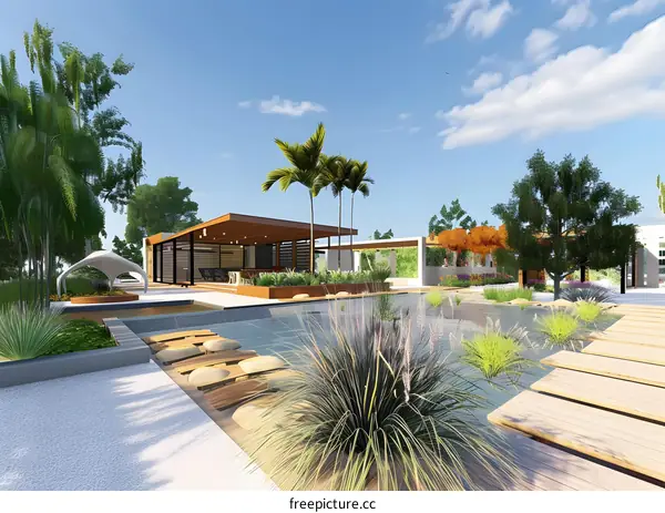 Modern Backyard Design with Wooden Deck and Pond