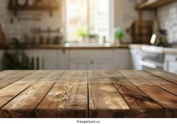 Rustic wooden table in a cozy home kitchen
