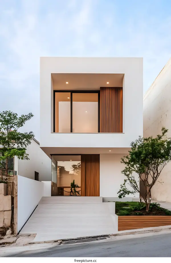 Modern White House With Wooden Details And Greenery