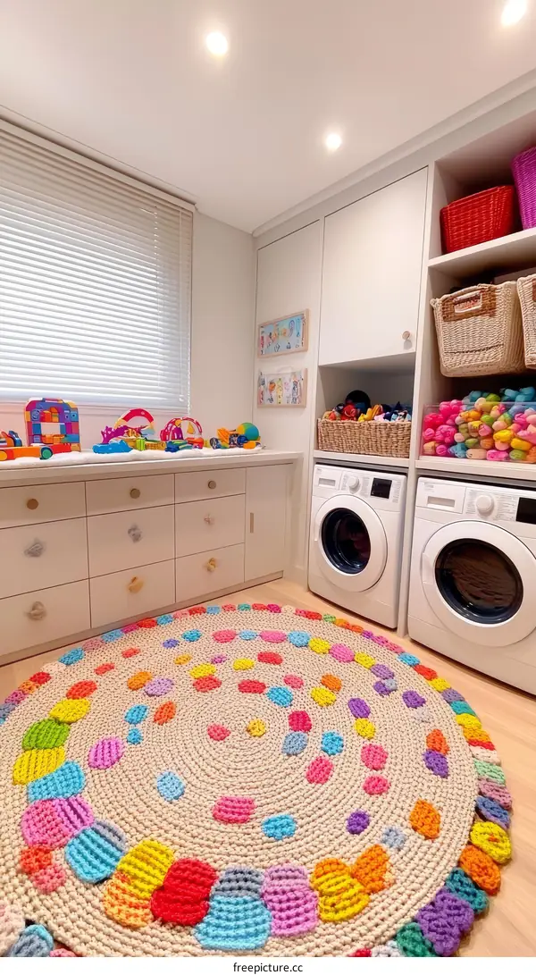 Colorful Crochet Round Rug in a Playroom
