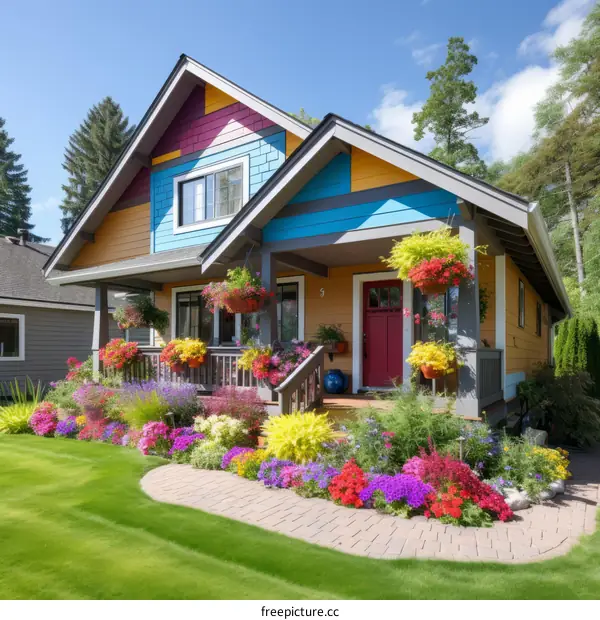 Colorful cottage house with flowers