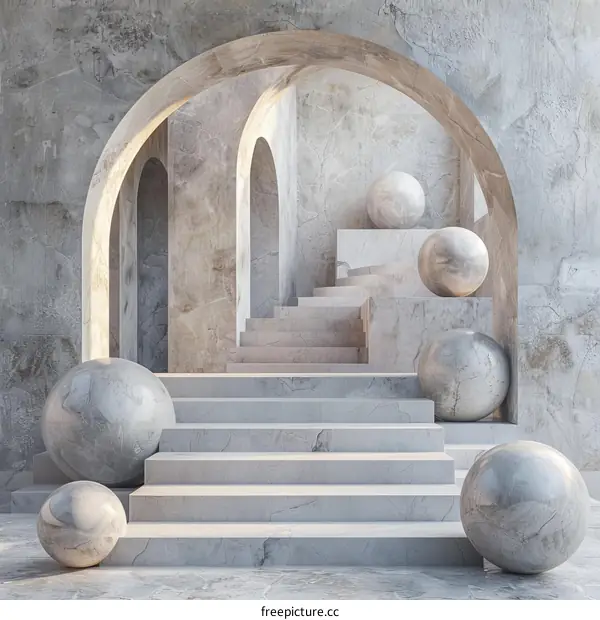 Minimalist Architectural Design with Spheres and Arches