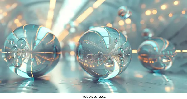 Spheres reflecting a blue and white abstract background