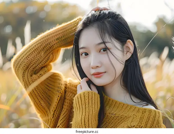 Young Asian Woman in Yellow Sweater in Autumn Field