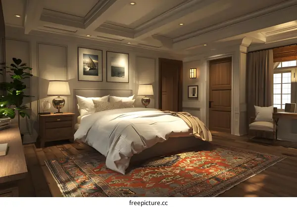 Modern bedroom interior with double bed and wooden floor