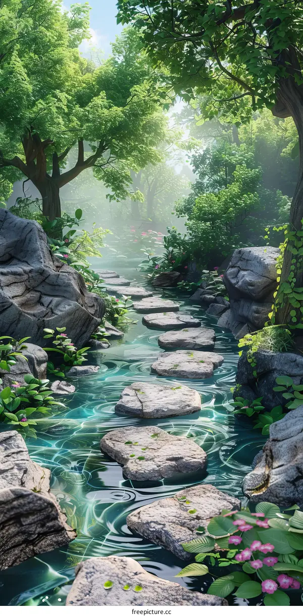 Stepping stones in a lush green forest with a crystal clear river flowing through it