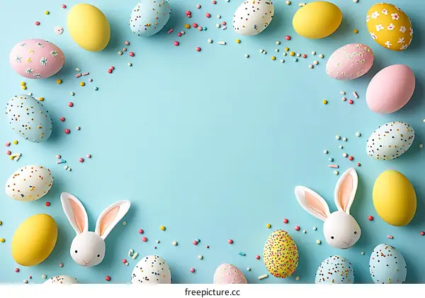 Colorful Easter Eggs and Bunny Decoration on a Pastel Background