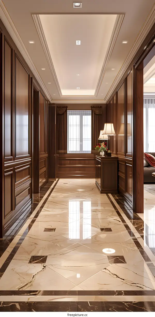 Long and empty corridor with wood walls and marble floor
