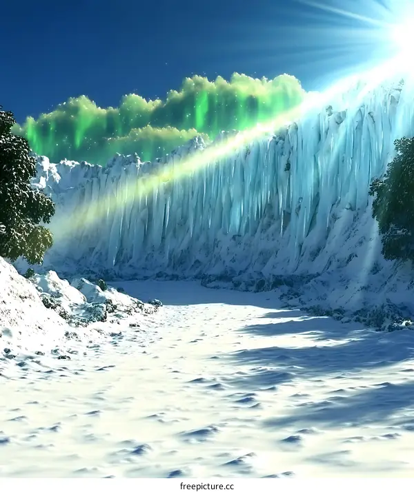 Winter Landscape with Ice Wall and Northern Lights