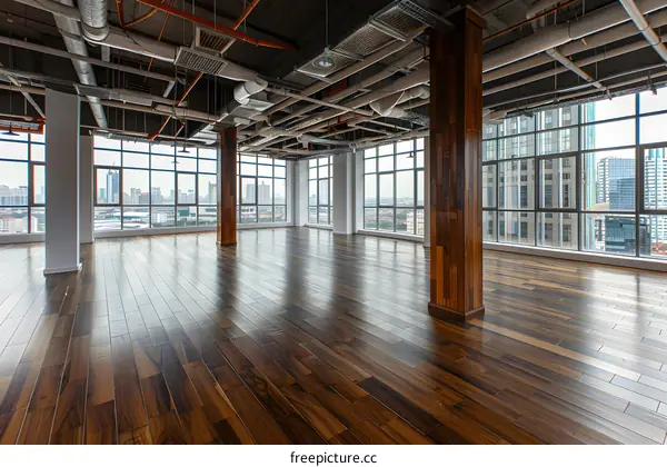 Empty Office Space with Large Windows and City Views