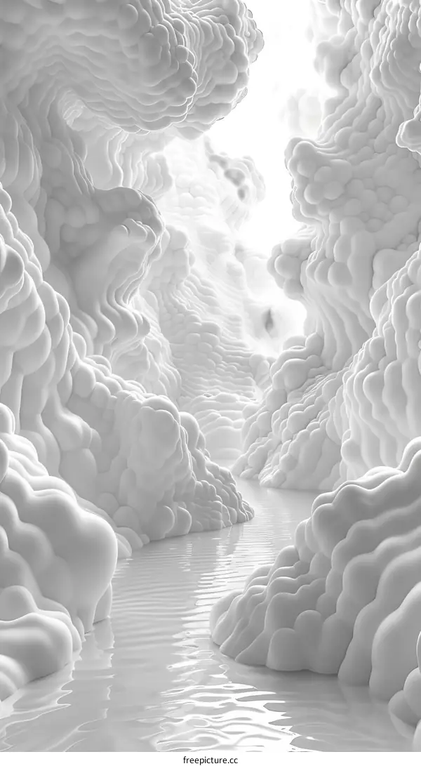 White organic surrealism landscape with a river flowing through it