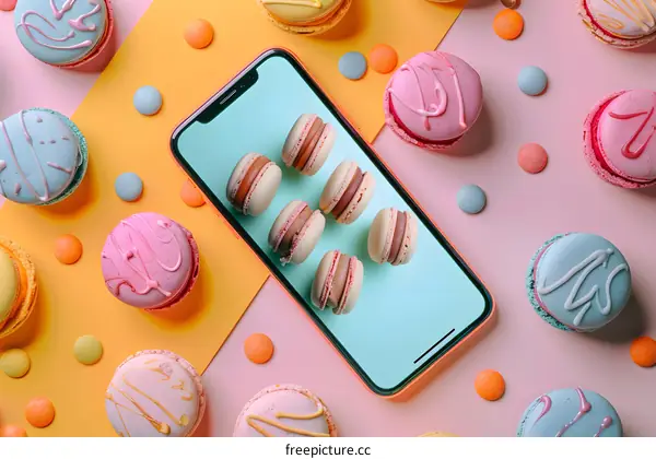 Colorful Macarons with Smartphone on Pink and Yellow Background