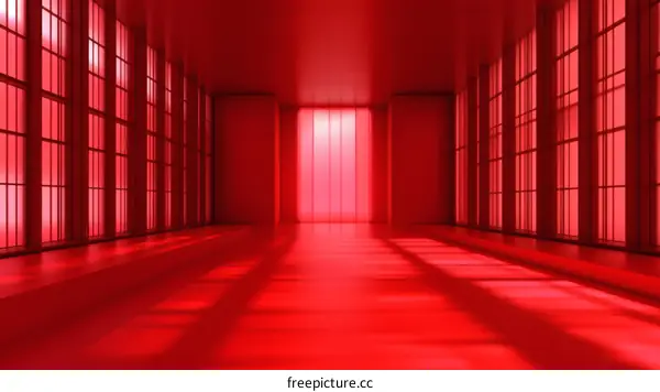 Red Empty Corridor with Windows