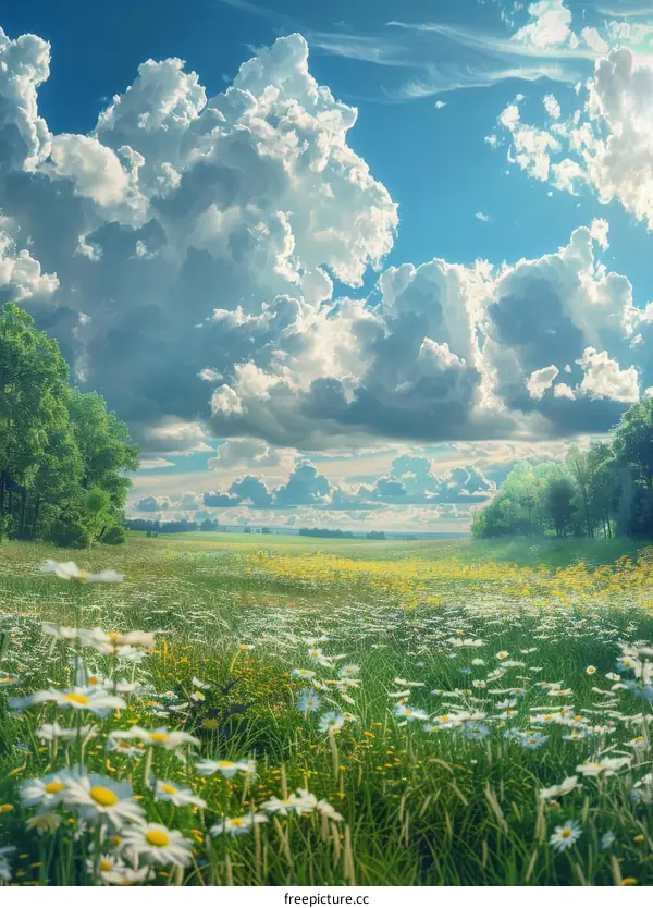 White Daisies Field Under Sunny Sky