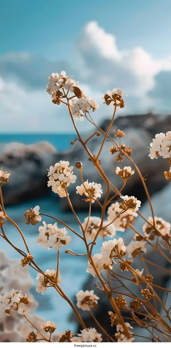 Close up of White Flowers with a Blue Ocean in the Background