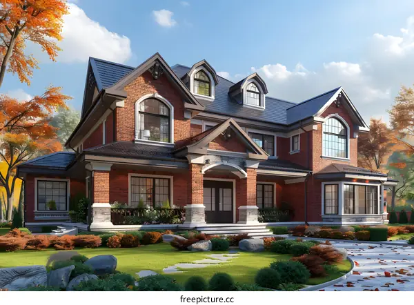 Large brick house with black roof and white windows