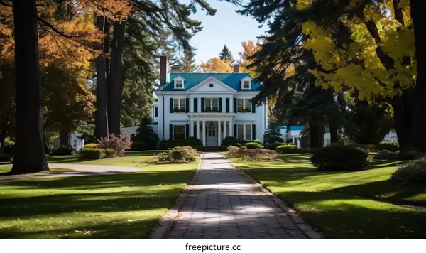 Spacious White House with Blue Roof and Verdant Lawn